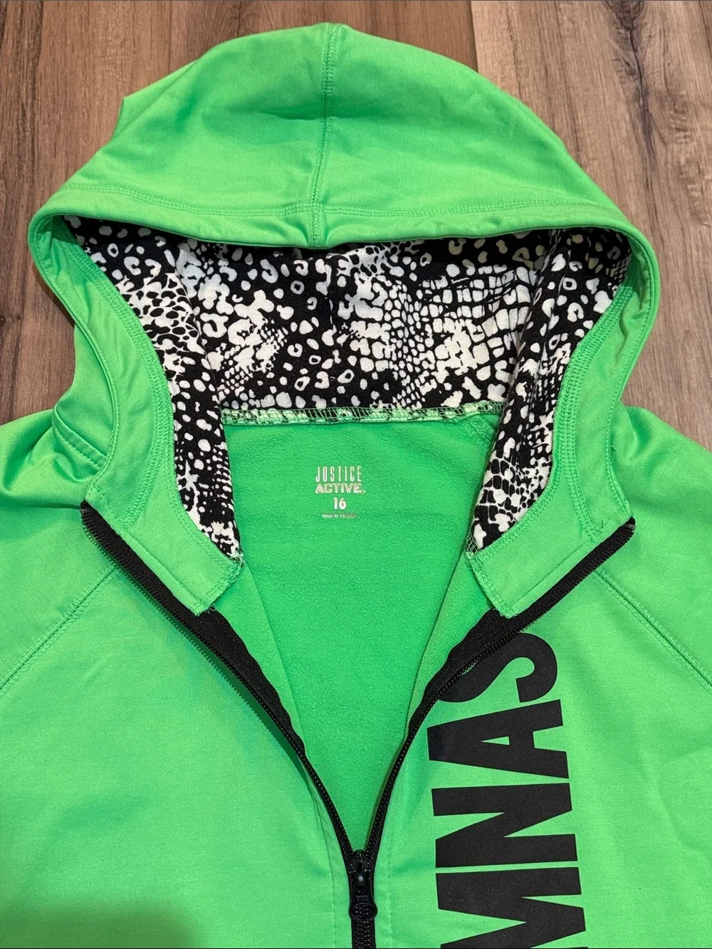 Justice Bright Green 'GYMNAST' Zip-Up Hoodie soft and stretch girls size 16